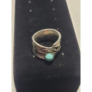 Silvertone Statement Ring Natural Turquoise Feather Band Southwestern Style